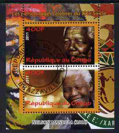 Congo 2011 Nelson Mandela perf sheetlet containing 2 values fine cto used, stamps on personalities, stamps on mandela, stamps on nobel, stamps on peace, stamps on racism, stamps on human rights