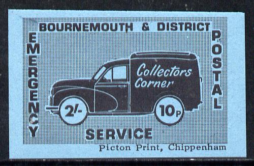 Cinderella - Great Britain 1971 Bournemouth & District Emergency Postal Service Collectors Corner Morris Van dual value 2s - 10p in black on blue paper unmounted mint , stamps on cars, stamps on postal, stamps on cinderella, stamps on strike, stamps on morris, stamps on trucks
