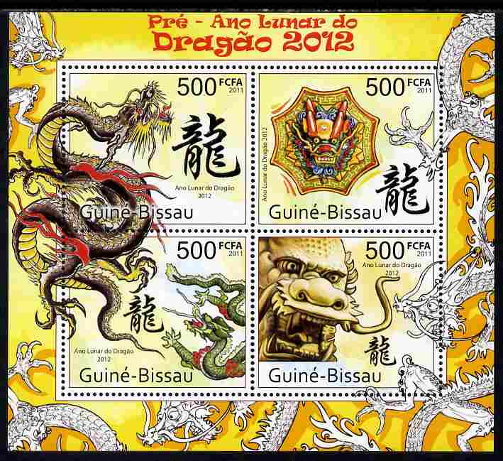 Guinea - Bissau 2011 Chinese New Year - Year of the Dragon perf sheetlet containing 4 values unmounted mint , stamps on lunar, stamps on dragons