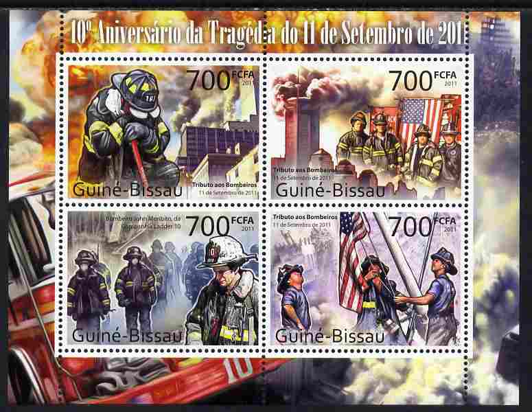 Guinea - Bissau 2011 Tenth Anniversary of 9/11 Tragedy perf sheetlet containing 4 values unmounted mint , stamps on disasters, stamps on fire, stamps on flags, stamps on americana
