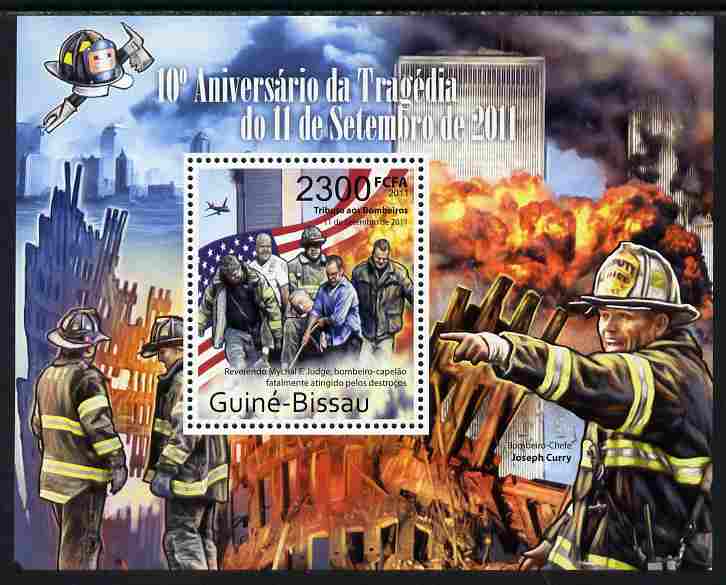 Guinea - Bissau 2011 Tenth Anniversary of 9/11 Tragedy perf s/sheet unmounted mint , stamps on disasters, stamps on fire, stamps on flags, stamps on americana