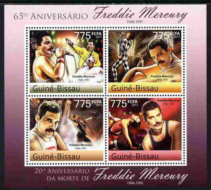 Guinea - Bissau 2011 65th Birth Anniversary of Freddie Mercury perf sheetlet containing 4 values unmounted mint , stamps on personalities, stamps on music, stamps on pops, stamps on rock, stamps on queen