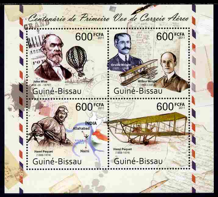 Guinea - Bissau 2011 Centenary of First Airmail Flight perf sheetlet containing 4 values unmounted mint , stamps on aviation, stamps on postal, stamps on maps, stamps on balloons