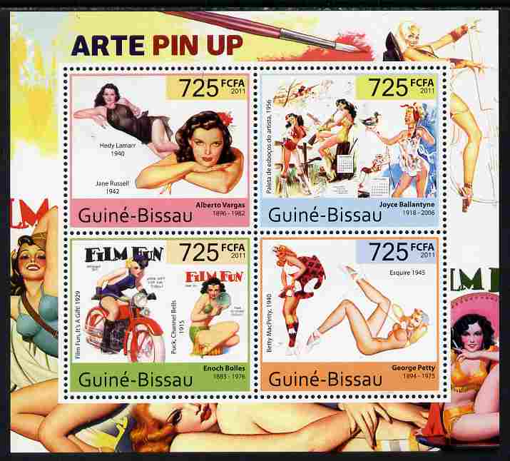 Guinea - Bissau 2011 Pin Up Art perf sheetlet containing 4 values unmounted mint , stamps on women, stamps on art, stamps on nudes, stamps on fantasy, stamps on motorbikes
