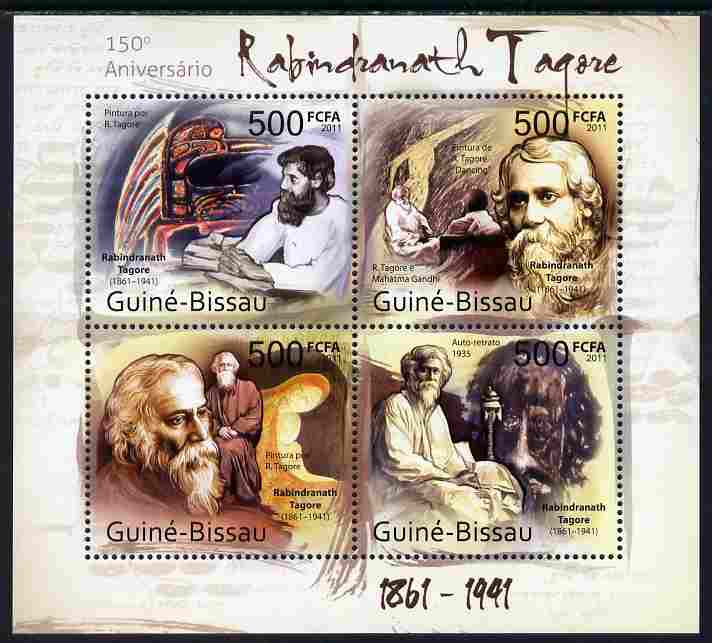 Guinea - Bissau 2011 150th Birth Anniversary of Rabindranath Tagore (poet) perf sheetlet containing 4 values unmounted mint , stamps on personalities, stamps on literature, stamps on poetry, stamps on 