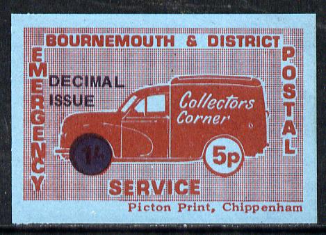 Cinderella - Great Britain 1971 Bournemouth & District Emergency Postal Service 'Collectors Corner Morris Van',5p in red on blue paper opt'd 'Decimal Issue' unmounted mint , stamps on cars, stamps on postal, stamps on cinderella, stamps on strike, stamps on morris, stamps on trucks