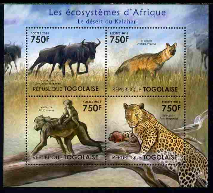 Togo 2011 Ecosystem of Africa - Animals of the Kalahari Desert perf sheetlet containing 4 values unmounted mint , stamps on environment, stamps on animals, stamps on cats, stamps on leopards, stamps on apes, stamps on wildebeest, stamps on aardwolf