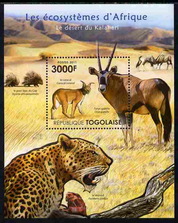Togo 2011 Ecosystem of Africa - Animals of the Kalahari Desert perf s/sheet unmounted mint , stamps on environment, stamps on animals, stamps on cats, stamps on leopards, stamps on gazelles, stamps on porcupines