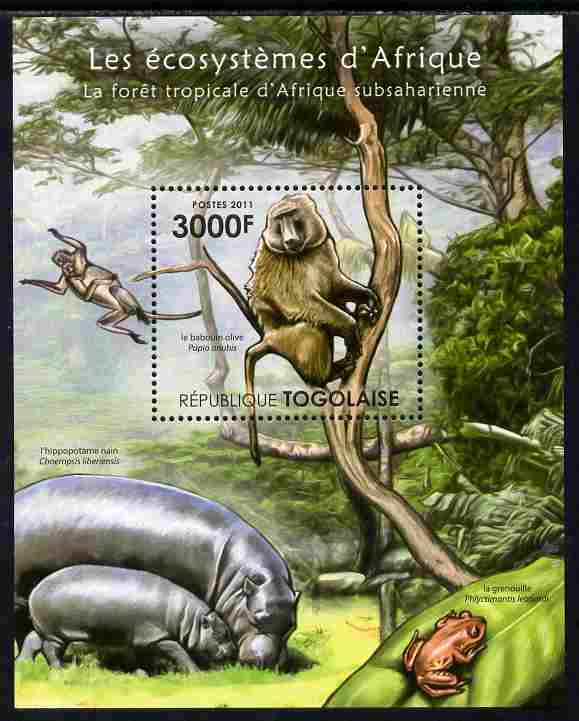 Togo 2011 Ecosystem of Africa - Animals of the Sub-Sahara Desert perf s/sheet unmounted mint , stamps on environment, stamps on animals, stamps on hippos, stamps on frogs, stamps on apes