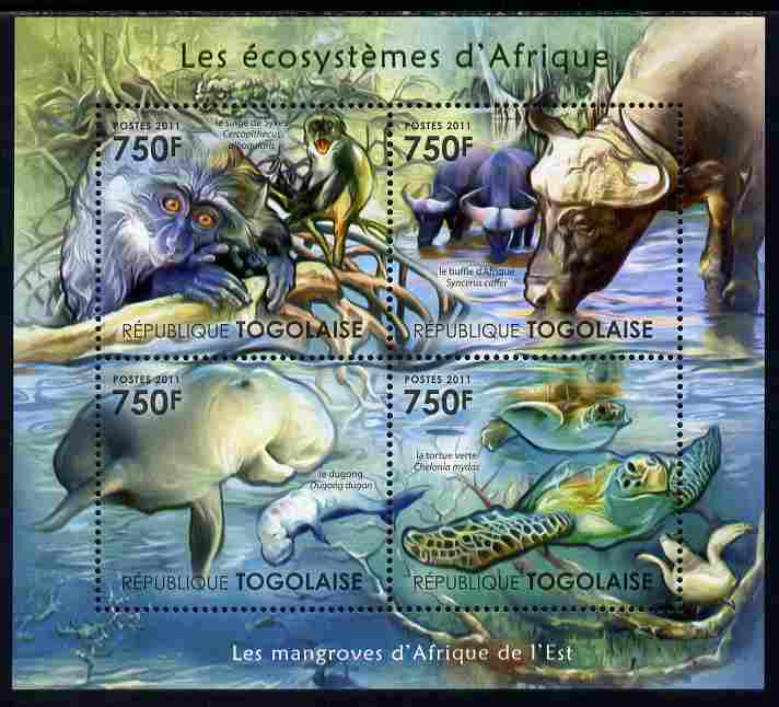 Togo 2011 Ecosystem of Africa - Animals of the East Mangrove perf sheetlet containing 4 values unmounted mint , stamps on environment, stamps on animals, stamps on buffalo, stamps on bovine, stamps on turtles, stamps on manatees, stamps on dugongs, stamps on apes, stamps on 
