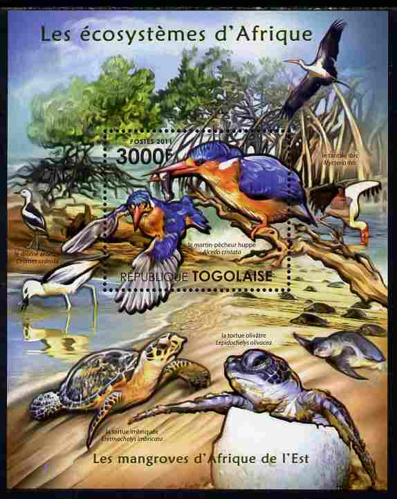 Togo 2011 Ecosystem of Africa - Animals of the East Mangrove perf s/sheet unmounted mint , stamps on , stamps on  stamps on environment, stamps on  stamps on animals, stamps on  stamps on turtles, stamps on  stamps on kingfishers, stamps on  stamps on birds, stamps on  stamps on ibis, stamps on  stamps on plovers