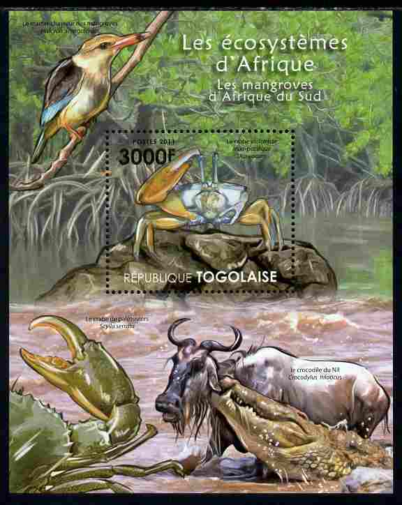 Togo 2011 Ecosystem of Africa - Animals of the South African Mangrove perf s/sheet unmounted mint , stamps on environment, stamps on animals, stamps on crabs, stamps on birds, stamps on kingfishers, stamps on crocodiles, stamps on 