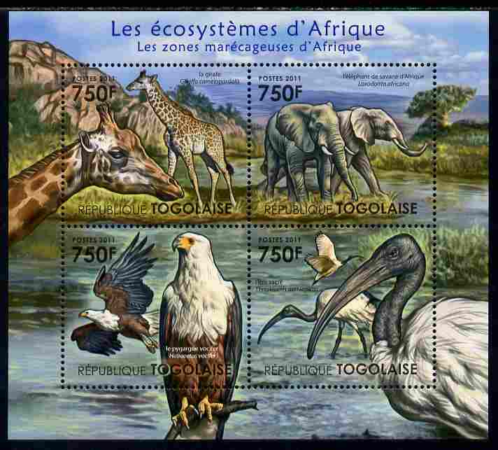 Togo 2011 Ecosystem of Africa - Animals of the Swampy Areas perf sheetlet containing 4 values unmounted mint , stamps on environment, stamps on animals, stamps on birds, stamps on birds of prey, stamps on eagles, stamps on elephants, stamps on giraffes, stamps on ibis