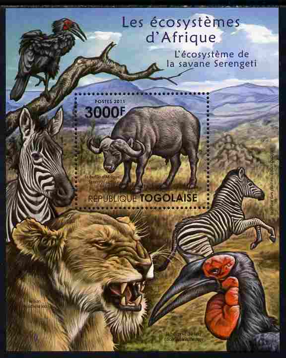 Togo 2011 Ecosystem of Africa - Animals of the Serengeti perf s/sheet unmounted mint , stamps on environment, stamps on animals, stamps on birds, stamps on birds of prey, stamps on vultures, stamps on cats, stamps on lions, stamps on zebras, stamps on buffalo, stamps on bovine, stamps on hornbills