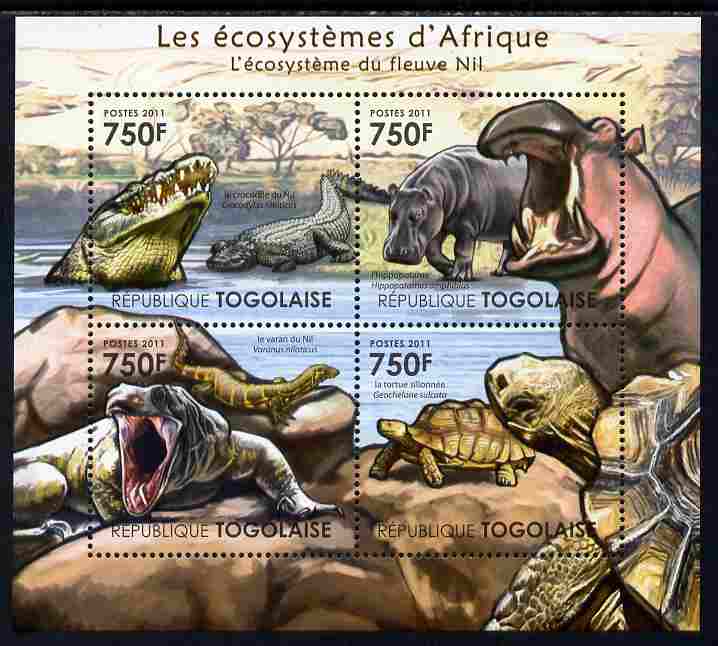Togo 2011 Ecosystem of Africa - Animals of the River Nile perf sheetlet containing 4 values unmounted mint , stamps on , stamps on  stamps on environment, stamps on  stamps on animals, stamps on  stamps on lizards, stamps on  stamps on crocodiles, stamps on  stamps on hippos, stamps on  stamps on turtles, stamps on  stamps on monitors