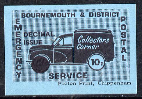 Cinderella - Great Britain 1971 Bournemouth & District Emergency Postal Service 'Collectors Corner Morris Van',10p in black on blue paper opt'd 'Decimal Issue' unmounted mint , stamps on cars, stamps on postal, stamps on cinderella, stamps on strike, stamps on morris, stamps on trucks