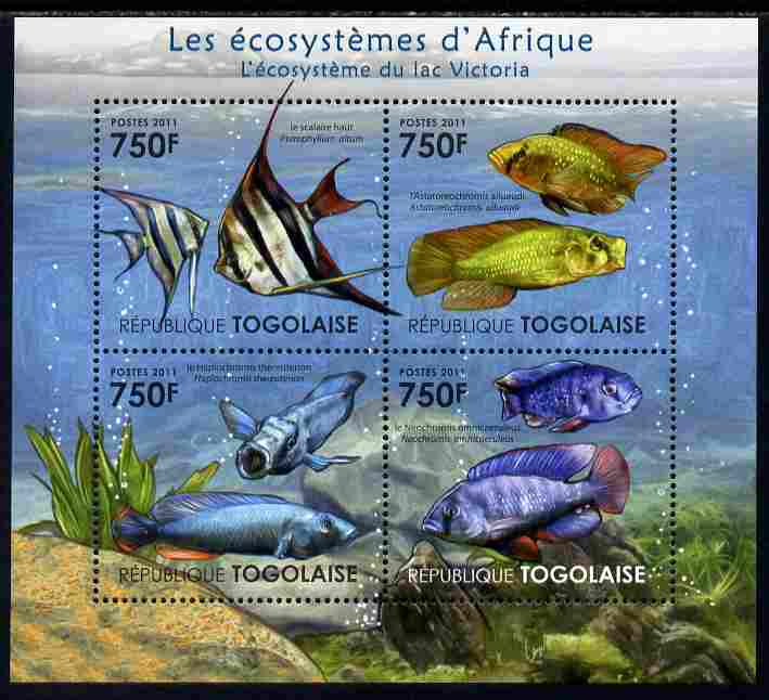 Togo 2011 Ecosystem of Africa - Animals of the Lake Victoria perf sheetlet containing 4 values unmounted mint , stamps on environment, stamps on animals, stamps on fish, stamps on 