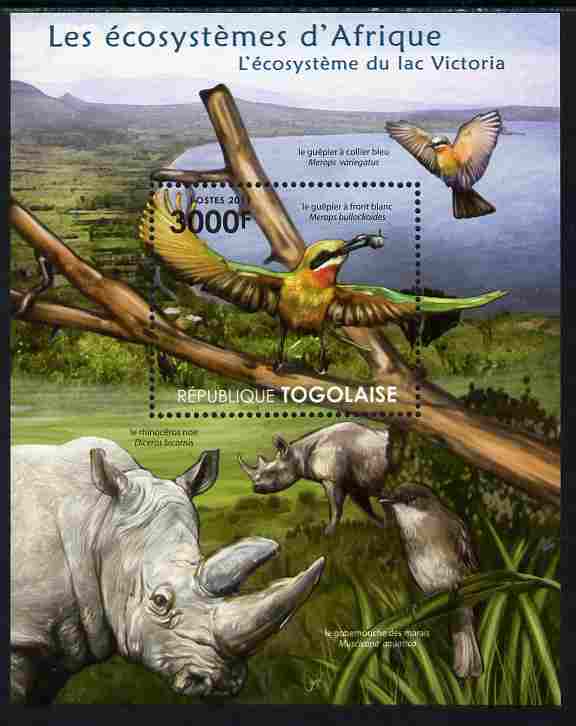 Togo 2011 Ecosystem of Africa - Animals of the Lake Victoria perf s/sheet unmounted mint , stamps on environment, stamps on animals, stamps on birds, stamps on rhinos, stamps on bee eaters, stamps on fly catchers