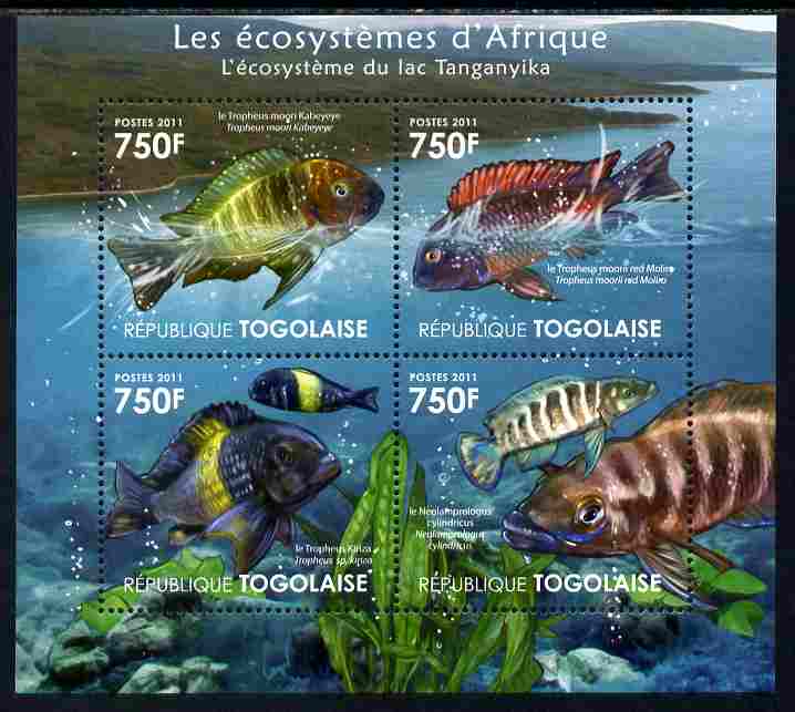 Togo 2011 Ecosystem of Africa - Animals of the Lake Tanganyika perf sheetlet containing 4 values unmounted mint , stamps on environment, stamps on animals, stamps on fish, stamps on 
