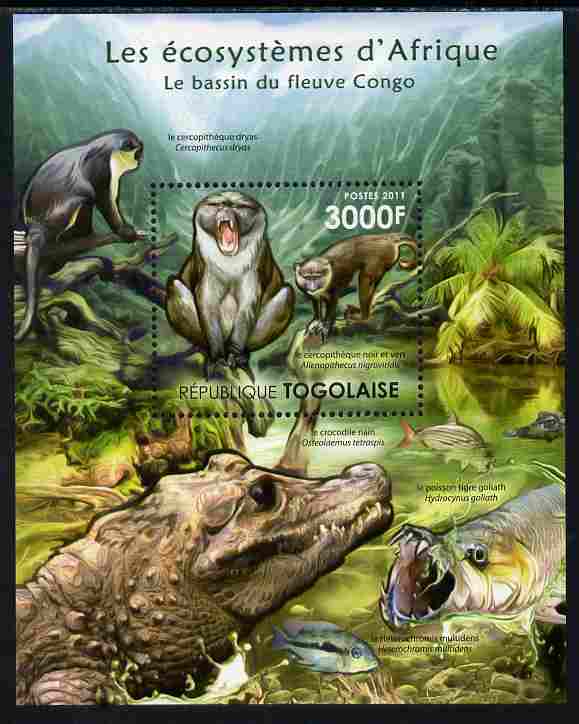 Togo 2011 Ecosystem of Africa - Animals of the River Congo perf s/sheet unmounted mint , stamps on environment, stamps on animals, stamps on crocodiles, stamps on apes, stamps on fish