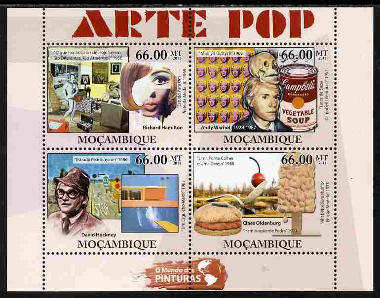 Mozambique 2011 Pop Art Paintings perf sheetlet containing 4 values unmounted mint, stamps on arts, stamps on warhol, stamps on hockney, stamps on 