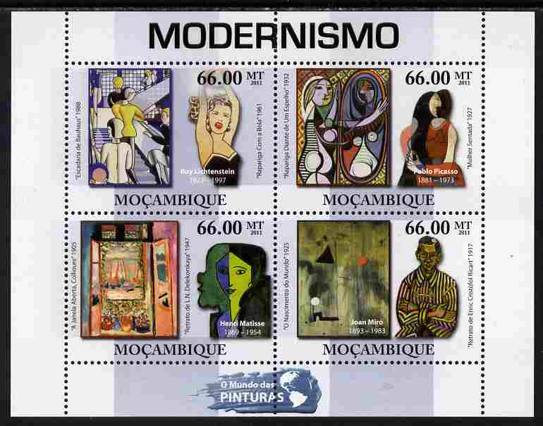Mozambique 2011 Modernist Paintings perf sheetlet containing 4 values unmounted mint, stamps on arts, stamps on picasso, stamps on matisse, stamps on miro