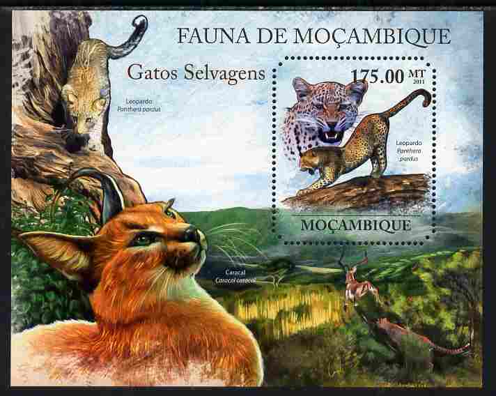 Mozambique 2011 Wild Cats perf m/sheet containing octagonal shaped value unmounted mint, stamps on , stamps on  stamps on shaped, stamps on  stamps on animals, stamps on  stamps on cats, stamps on  stamps on leopards, stamps on  stamps on 