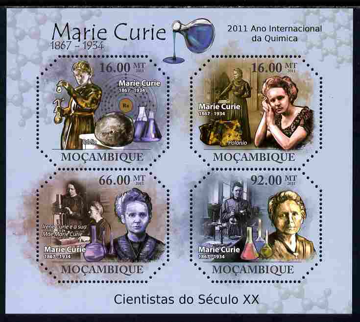 Mozambique 2011 Marie Curie perf sheetlet containing four octagonal shaped values unmounted mint , stamps on personalities, stamps on nobel, stamps on women, stamps on medical, stamps on physics, stamps on chemistry, stamps on cancer, stamps on diseases, stamps on shaped