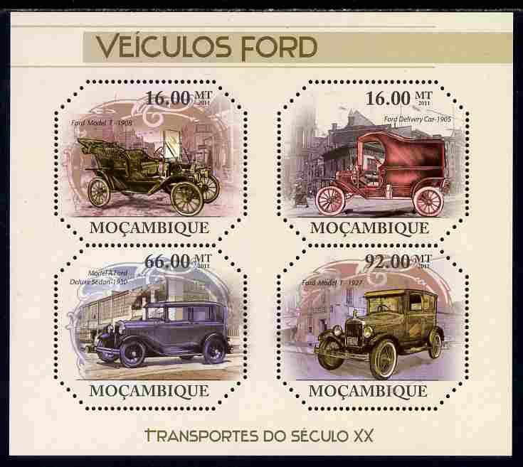Mozambique 2011 Vintage Ford Cars perf sheetlet containing four octagonal shaped values unmounted mint , stamps on cars, stamps on ford, stamps on shaped, stamps on trucks