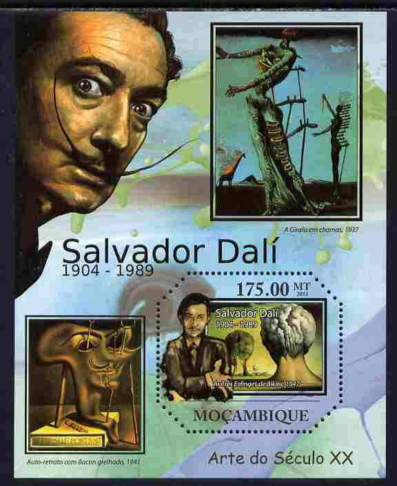 Mozambique 2011 Paintings by Salvador Dali perf s/sheet containing octagonal shaped value unmounted mint , stamps on shaped, stamps on personalities, stamps on arts, stamps on dali, stamps on 