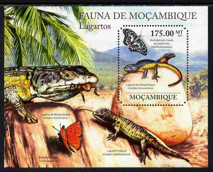 Mozambique 2011 Lizards perf s/sheet containing octagonal shaped value unmounted mint , stamps on , stamps on  stamps on shaped, stamps on  stamps on reptiles, stamps on  stamps on lizards