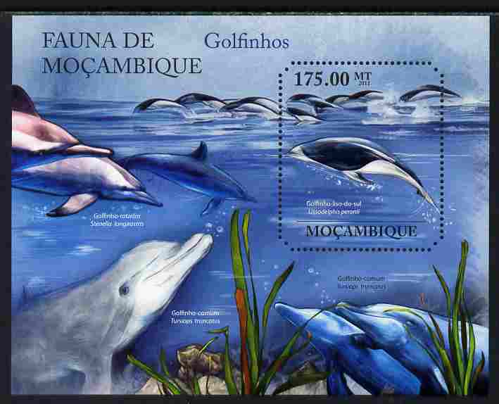 Mozambique 2011 Dolphins perf s/sheet containing octagonal shaped value unmounted mint , stamps on shaped, stamps on marine life, stamps on dolphins