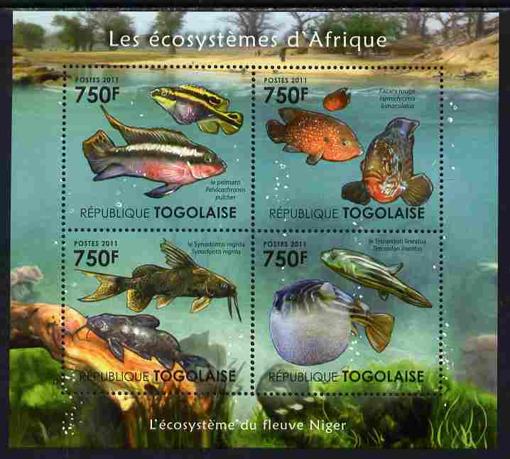 Togo 2011 Ecosystem of Africa - The Niger River perf sheetlet containing 4 values unmounted mint , stamps on environment, stamps on animals, stamps on fish