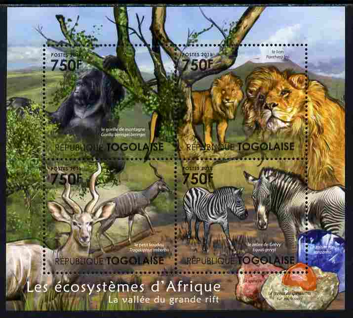 Togo 2011 Ecosystem of Africa - The Great Rift perf sheetlet containing 4 values unmounted mint , stamps on environment, stamps on animals, stamps on apes, stamps on lions, stamps on zebra, stamps on minerals, stamps on 