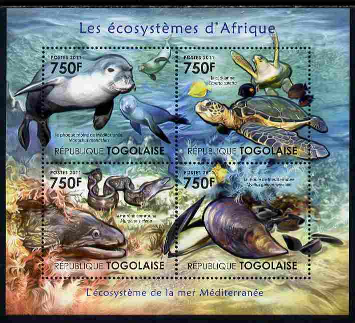 Togo 2011 Ecosystem of Africa - The Mediterranean Sea perf sheetlet containing 4 values unmounted mint , stamps on environment, stamps on animals, stamps on fish, stamps on turtles, stamps on seals, stamps on marine life, stamps on shells, stamps on eels