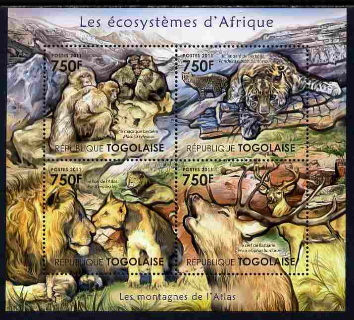 Togo 2011 Ecosystem of Africa - The Atlas Mountains perf sheetlet containing 4 values unmounted mint , stamps on environment, stamps on animals, stamps on apes, stamps on cats, stamps on leopards, stamps on lions, stamps on deer