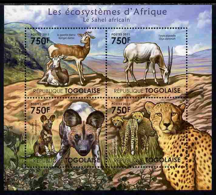Togo 2011 Ecosystem of Africa - The Sahel Region perf sheetlet containing 4 values unmounted mint , stamps on environment, stamps on animals, stamps on cheetahs, stamps on cats, stamps on ovine, stamps on dogs