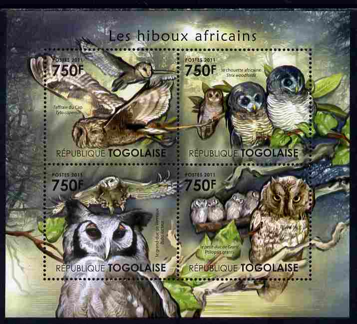 Togo 2011 Owls of Africa perf sheetlet containing 4 values unmounted mint , stamps on birds, stamps on birds of prey, stamps on owls