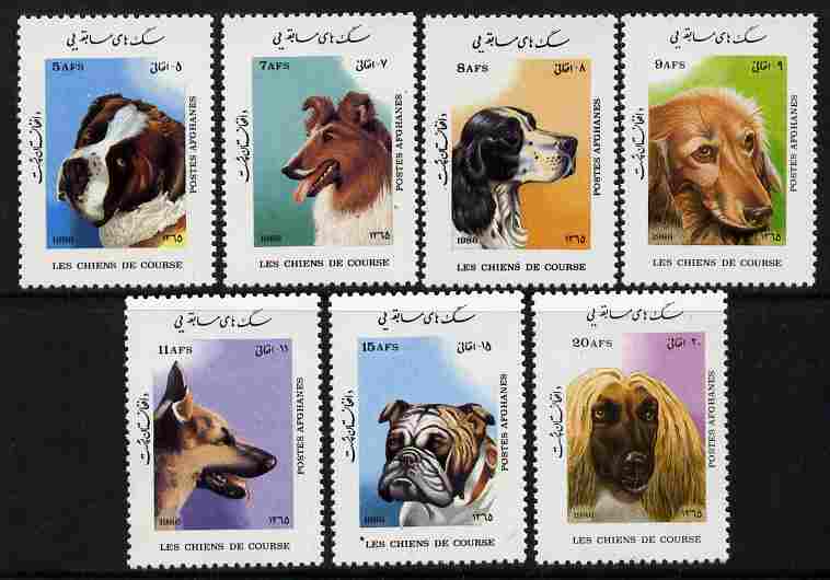 Afghanistan 1986 Dogs perf set of 7 unmounted mint, SG 1104-10, stamps on dogs, stamps on  gsd , stamps on bernard, stamps on spaniel, stamps on 