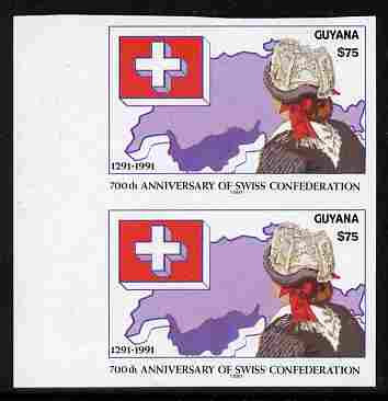 Guyana 1991 700th Anniversary of Swiss Confederation $75 imperf pair unmounted mint as SG 3216, stamps on maps, stamps on costumes