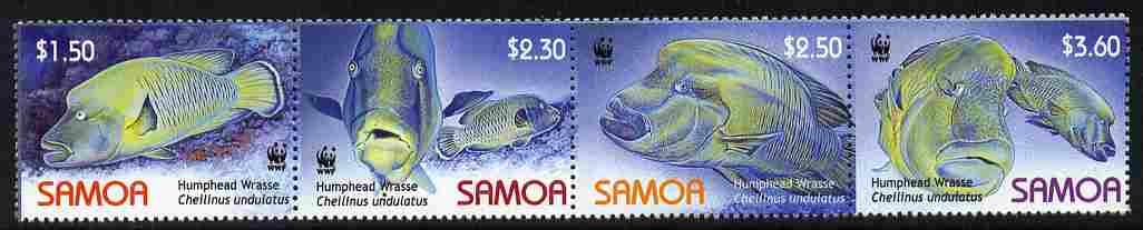 Samoa 2007 WWF - Humphead Wrasse perf strip of 4 unmounted mint, stamps on fish, stamps on  wwf , stamps on 