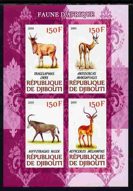 Djibouti 2011 African Fauna - Deer imperf sheetlet containing 4 values unmounted mint, stamps on animals, stamps on deer