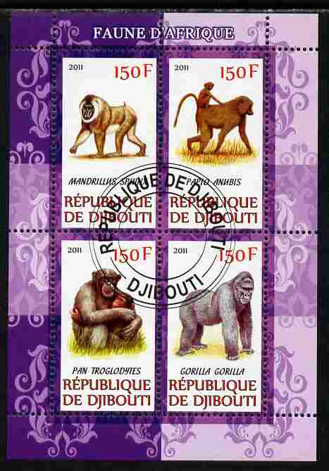 Djibouti 2011 African Fauna - Gorillas perf sheetlet containing 4 values cto used, stamps on animals, stamps on apes, stamps on gorillas