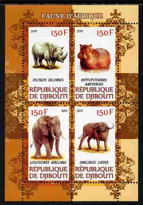 Djibouti 2011 African Fauna - Hippos, Rhinos & Elephants perf sheetlet containing 4 values unmounted mint, stamps on animals, stamps on hippos, stamps on rhinos, stamps on elephants, stamps on buffalo, stamps on bison