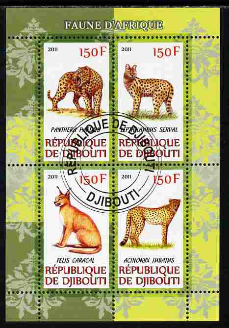 Djibouti 2011 African Fauna - Big Cats perf sheetlet containing 4 values cto used, stamps on animals, stamps on cats, stamps on panthers