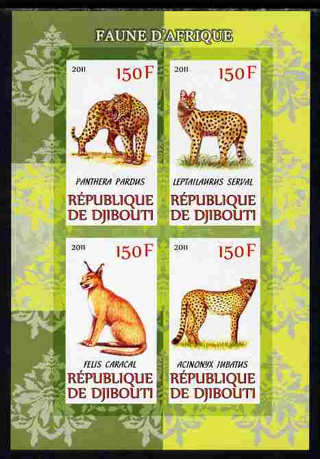 Djibouti 2011 African Fauna - Big Cats imperf sheetlet containing 4 values unmounted mint, stamps on animals, stamps on cats, stamps on panthers