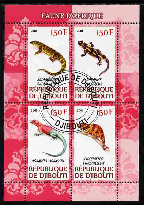 Djibouti 2011 African Fauna - Lizards perf sheetlet containing 4 values cto used, stamps on animals, stamps on reptiles, stamps on lizards