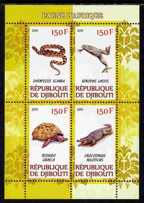 Djibouti 2011 African Fauna - Reptiles perf sheetlet containing 4 values unmounted mint, stamps on animals, stamps on reptiles, stamps on snakes, stamps on frogs, stamps on tortoises, stamps on crocodiles