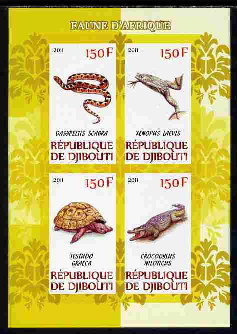 Djibouti 2011 African Fauna - Reptiles perf sheetlet containing 4 values unmounted mint, stamps on , stamps on  stamps on animals, stamps on  stamps on reptiles, stamps on  stamps on snakes, stamps on  stamps on frogs, stamps on  stamps on tortoises, stamps on  stamps on crocodiles