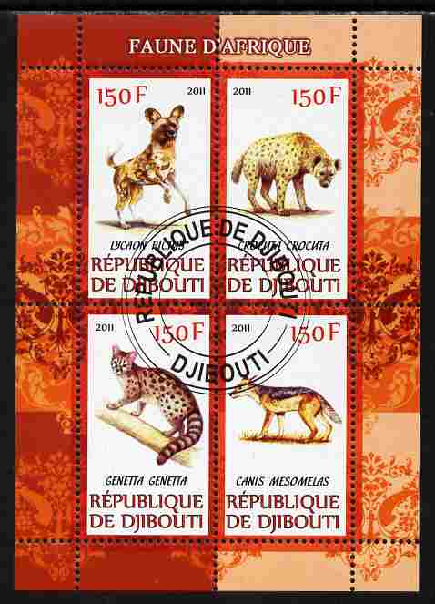 Djibouti 2011 African Fauna - Hyenas perf sheetlet containing 4 values cto used, stamps on animals, stamps on hyenas